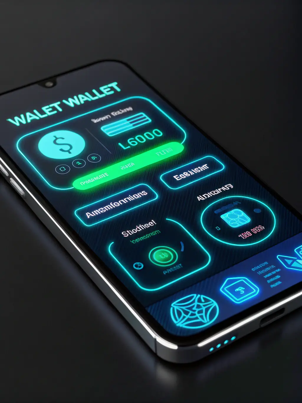 A digital rendering of a cryptocurrency wallet interface, displaying a user's BBT token balance with a sleek, futuristic design and blockchain-inspired visual elements.