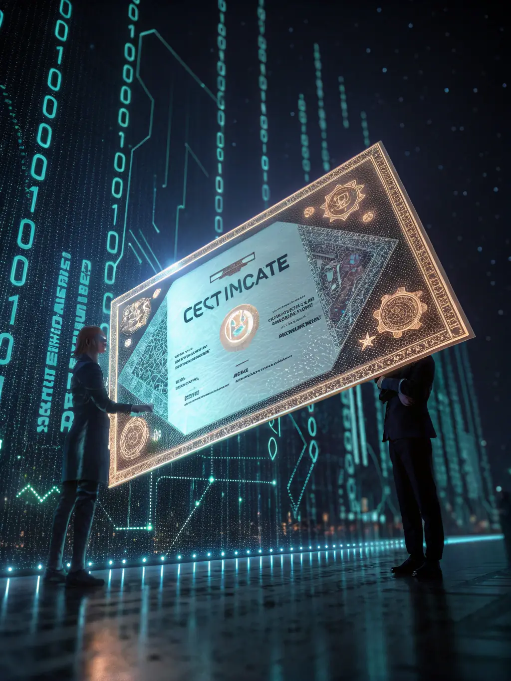 A stack of digital certificates designed as NFTs, showcasing various Web3 skills and achievements.